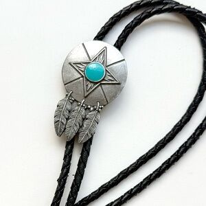 Black Braided Leather Turquoise Bolo Tie Western Vintage Siskiyou Dreamcatcher